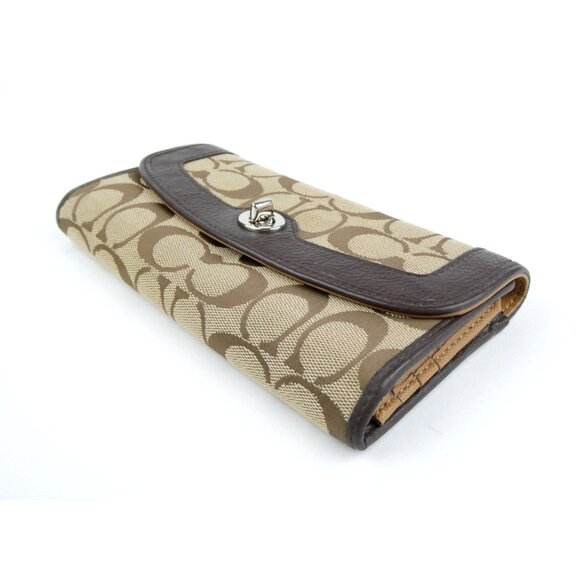 Coach Signature Khaki Brown Canvas & Leather Turn Lock Wallet - Picture 4 of 13